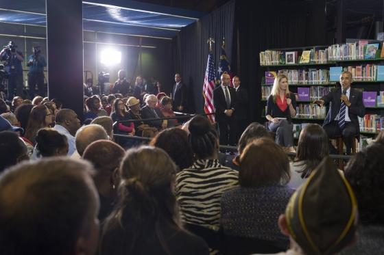 President Barack Obama participates in a Town Hall with BlogHer and SheKnows Online communities at the Spangler Library at ImaginOn in Charlotte, NC, April 15, 2015.