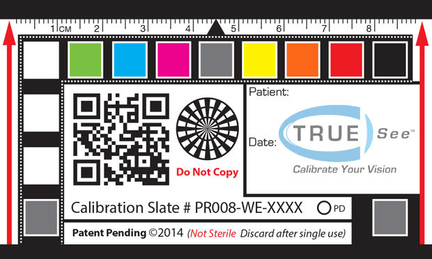 A TRUE-See calibration slate. The device is used to standardize photos of wounds, allowing caregivers to make accurate comparisons and diagnoses.
