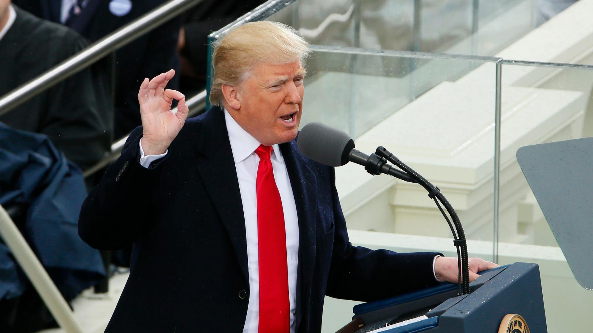 President Donald Trump delivers his speech at the inauguration ceremonies as the 45th president of the United States.