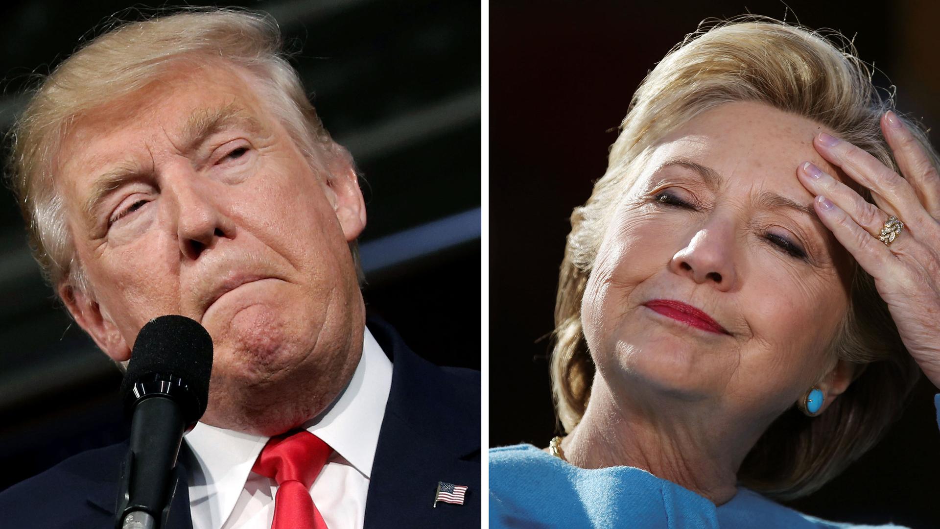 US presidential candidates Donald Trump and Hillary Clinton attend campaign rallies in Ambridge, Pennsylvania, October 10, 2016 and Manchester, New Hampshire, October 24, 2016.