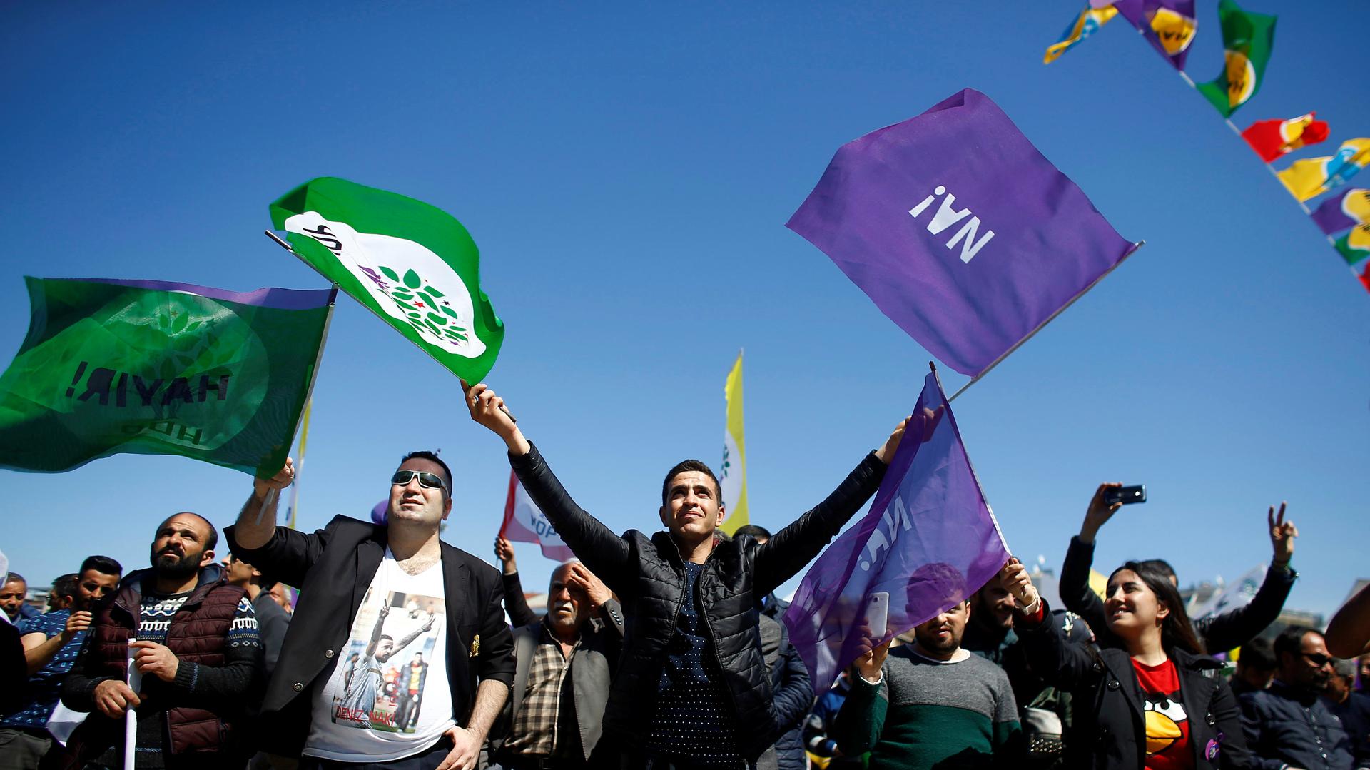 Pro-Kurdish opposition Peoples' Democratic Party (HDP) and "Hayir" ("No") supporters attend a campaign for the upcoming referendum in Istanbul, Turkey, April 13, 2017.