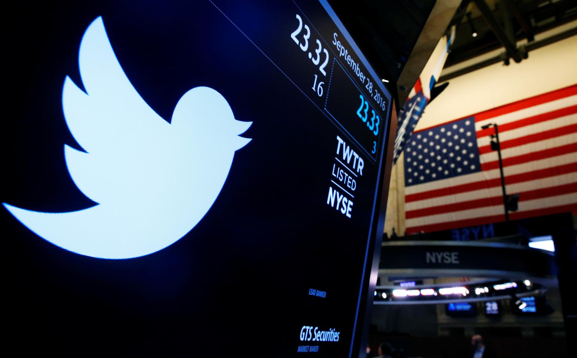 The Twitter logo is displayed on a screen on the floor of the New York Stock Exchange