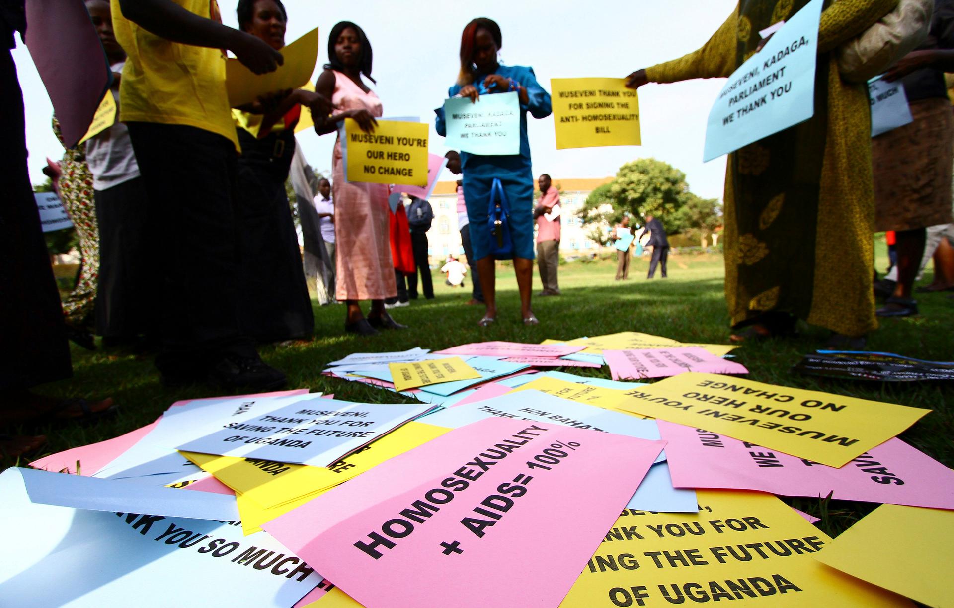 Supporters of the anti-gay law preparing for a procession in Uganda's capital, Kampala, in March 2014. 