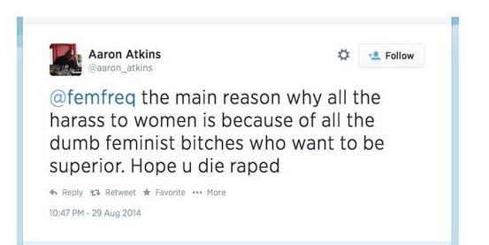 A screenshot of one of the harrassing tweets directed at video game critic Anita Sarkeesian.