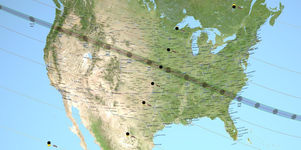 A United States map showing the path of totality (dark grey) for the August 21 total solar eclipse. 