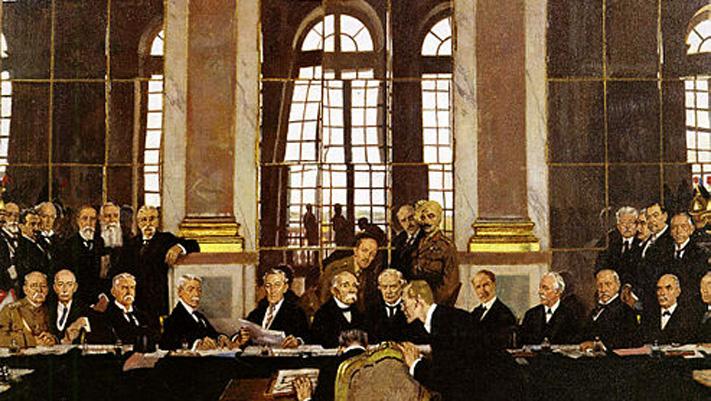 The Signing of Peace in the Hall of Mirrors, Versailles, 28th June 1919 painted by William Orpen.