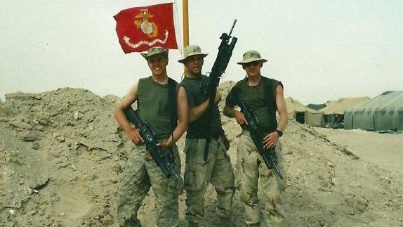 Jeff Edwards (L) with Marine buddies in Iraq in 2003