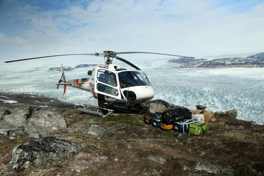 From their base on the side of the Helheim glacier, researchers from Gordon Hamilton's team fly out over the glacier and the Sermilik fjord in to which it drains to guage the movement of the glacier and tell-tale changes in the water.