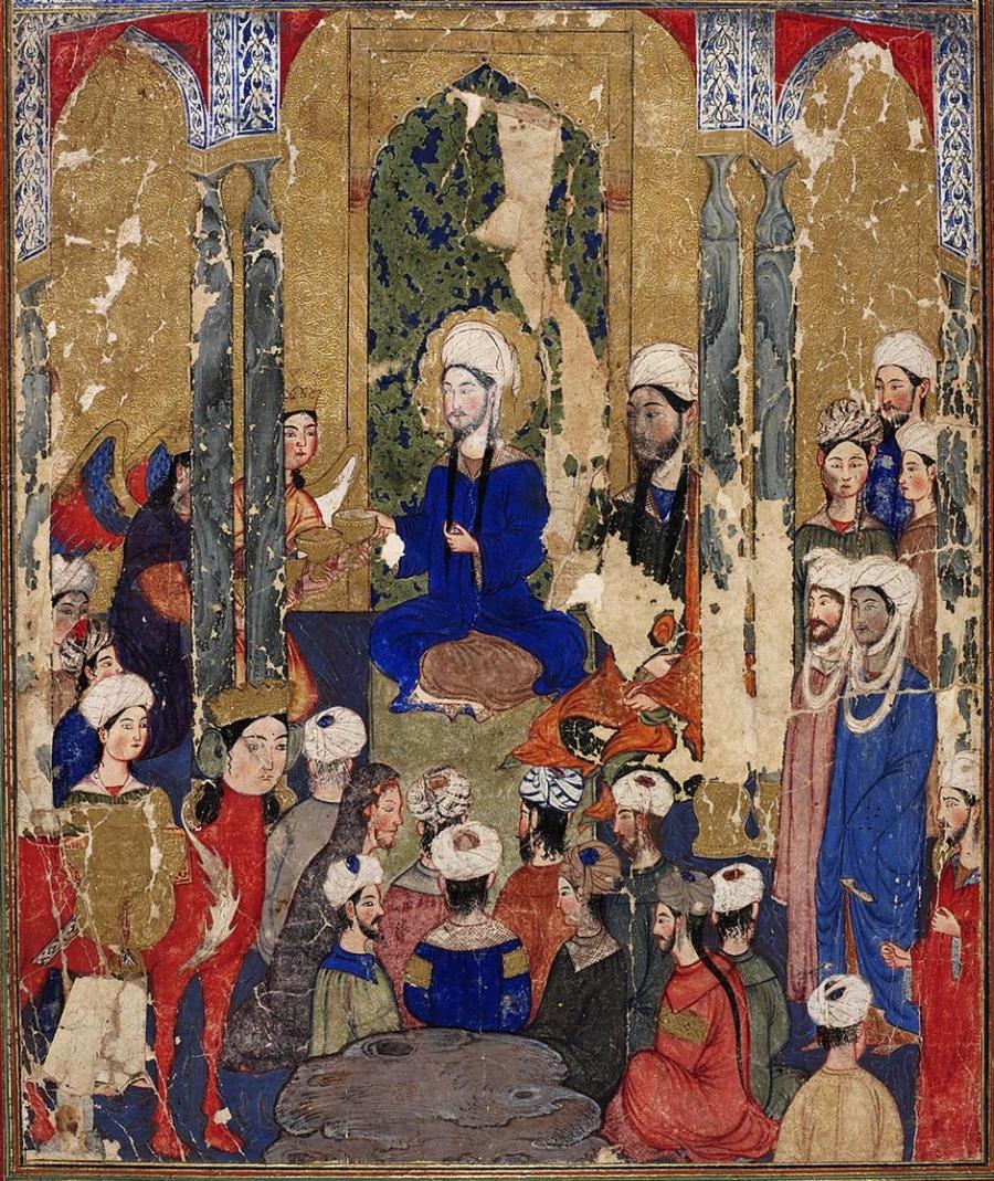 Prophet Muhammed sits with the Abrahamic prophets in Jerusalem, anonymous, Mi'rajnama (Book of Ascension), Tabriz, ca.1317-1330.