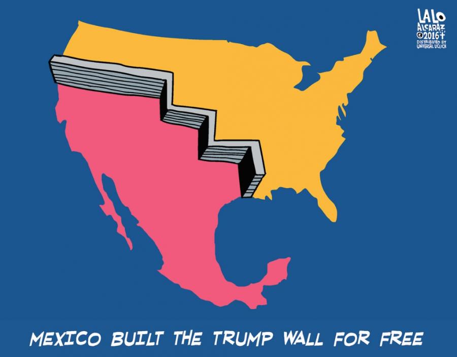 Cartoon of wall built by Mexico that uses historical boundaries that reach way into US