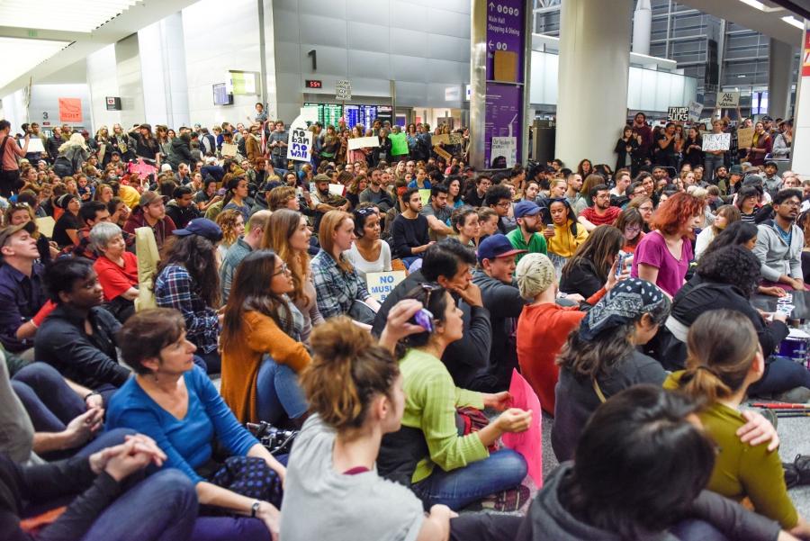Demonstrators during anti-Donald Trump immigration ban protests in Terminal 4 at San Francisco International Airport.