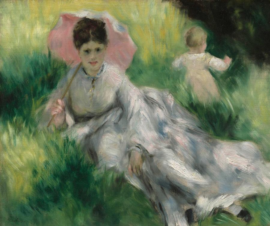 Woman with a Parasol and Small Child on a Sunlit Hillside, Pierre-Auguste Renoir, about 1874–76