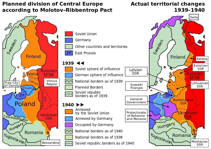 A map showing eastern Europe was divided between the Soviet Union and Nazi Germany by their secret pact in 1939.