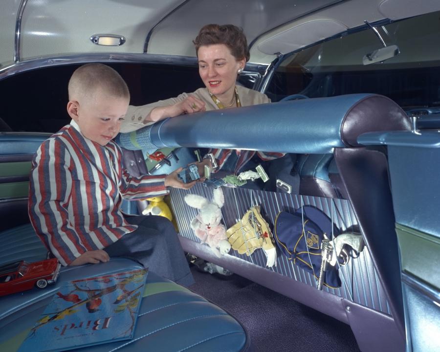 The Carousel's child-friendly backseat included storage for toys, a magnetic game board and child-proof latches that could be controlled from the dashboard.