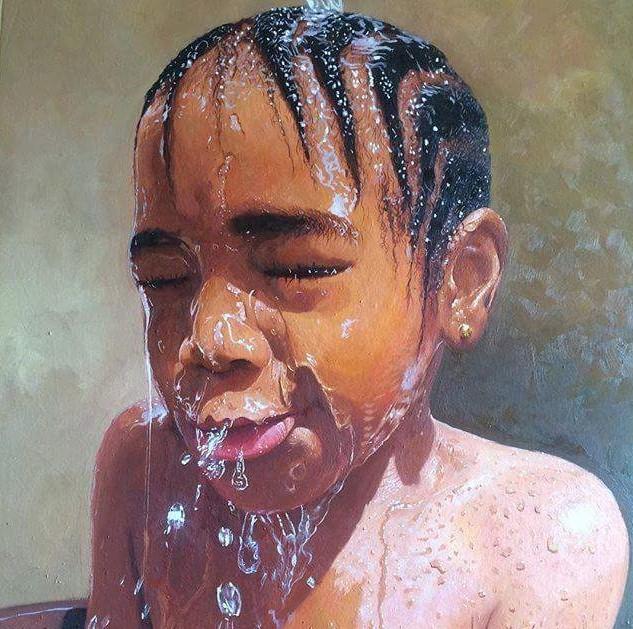 Water pouring over girl.