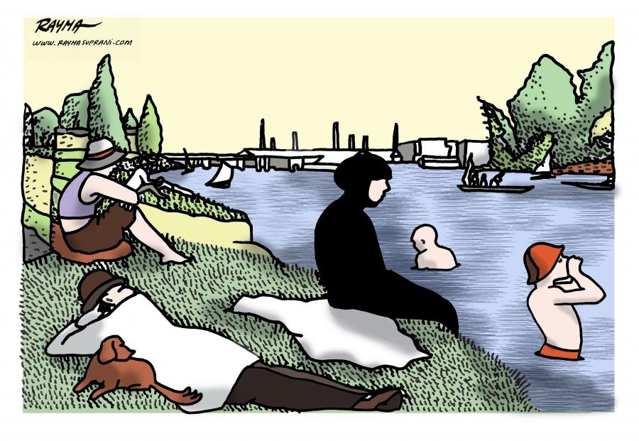Rayma Surprani redrawing of Georges Seurat painting of bathers showing one in a burkini.