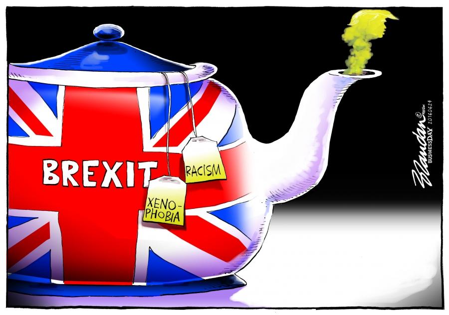 A pot of tea (UK) steeping with tea bags that represent xenophobia and racism and the stench of Trump