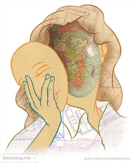Drawing of woman taking of her face to show a globe```