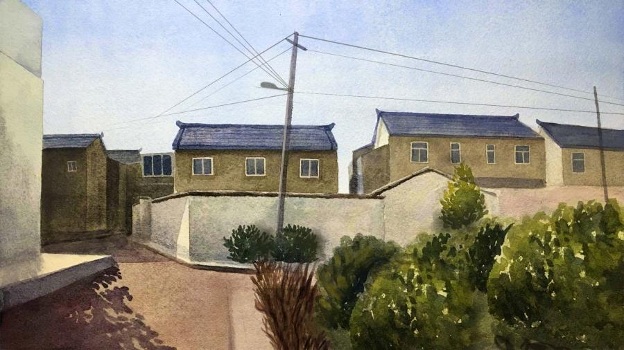 Painting of a street corner with homes walled off and power lines