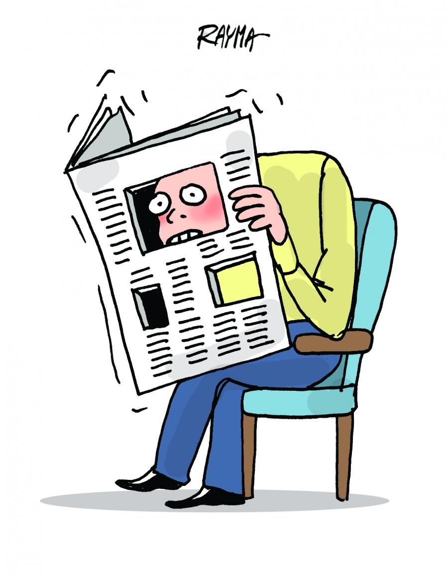 cartoon of man looking at newspaper with big hole in it