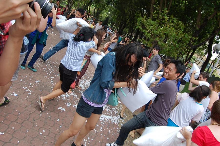 The heat of battle on International Pillow Fight Day in Ho Chi Minh City.