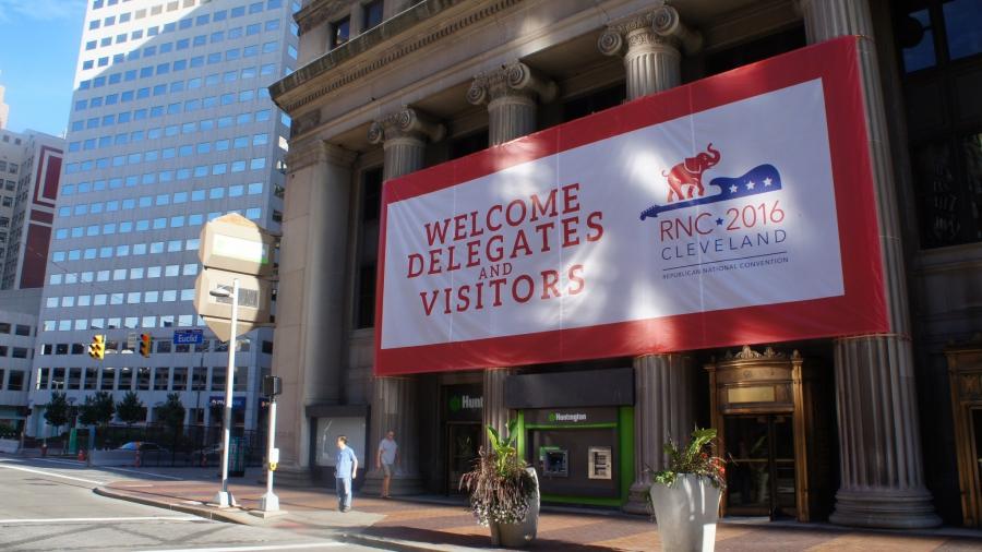 A sign welcoming delegates and visitors to the RNC in Cleveland