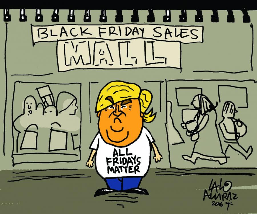 Cartoon showing Donald Trump complaining about Black Friday sales, that All Fridays matter