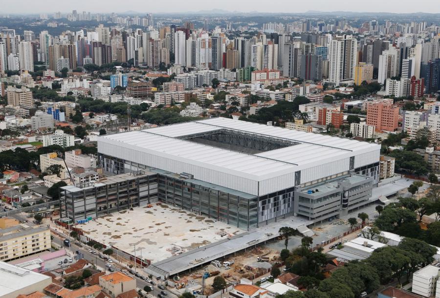 An aerial view of the Arena da Baixada soccer stadium (then) under construction in Curitiba, April, 2014. Arena da Baixada was one of the venues for the 2014 World Cup in Brazil.