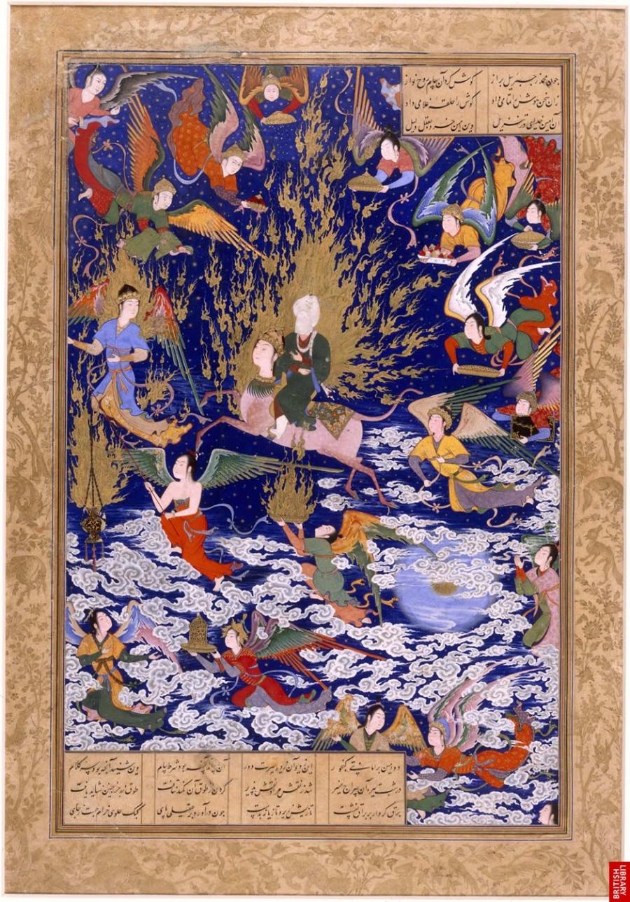 A painting of Prophet Muhammed's ascension, 1540 CE. In some illustrations such as this one, the Prophet's face is either covered by a veil or flame. This method became popular with the rise of Sufism.