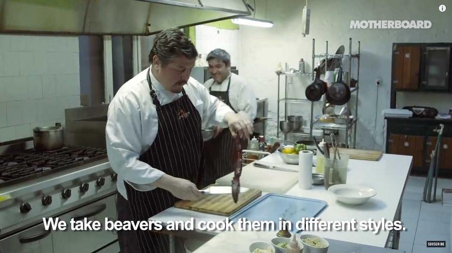 Chef Luis Gonzalez, owner of Remezon Restaurant in the town Punta Arenas in Chile, prepares a dish made from beaver meat.
