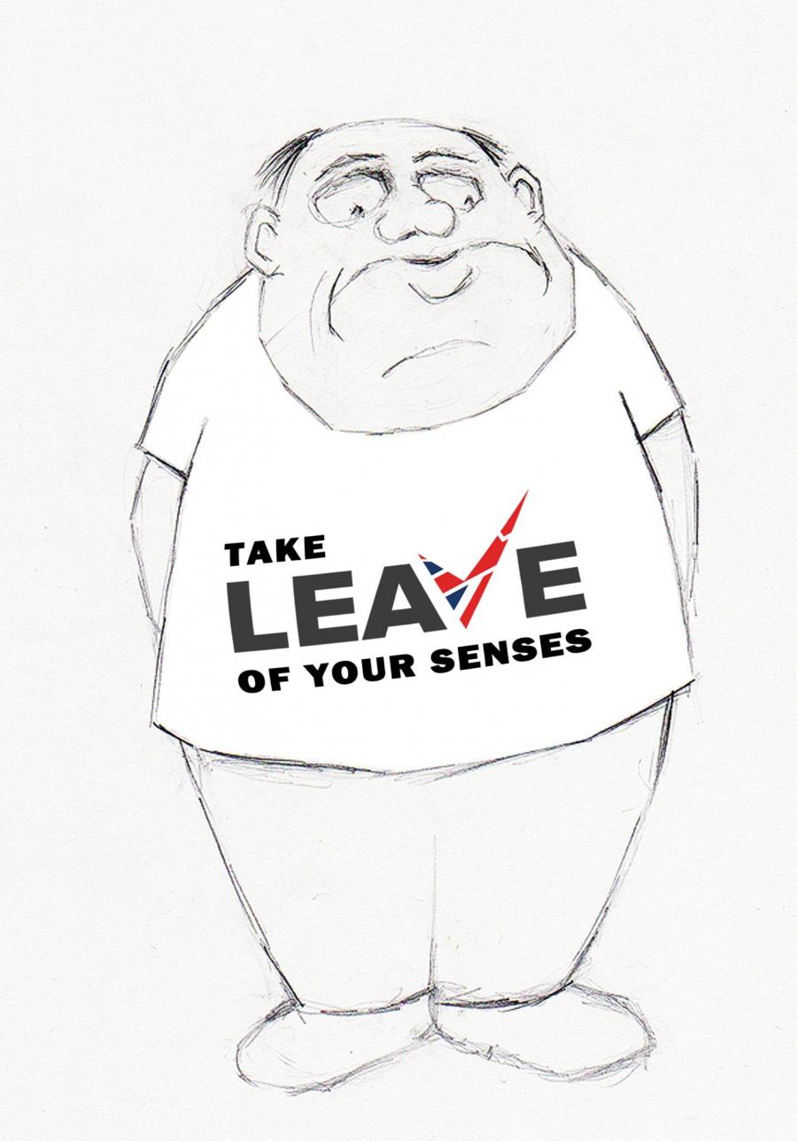 A man wears a t shirt that says 'Did you take leave of your senses?'