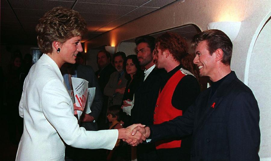 Princes Diana greets singer David Bowie backstage at Wembley Arena in London December 1, 1993 before the Concert of Hope to mark World AIDS Day.