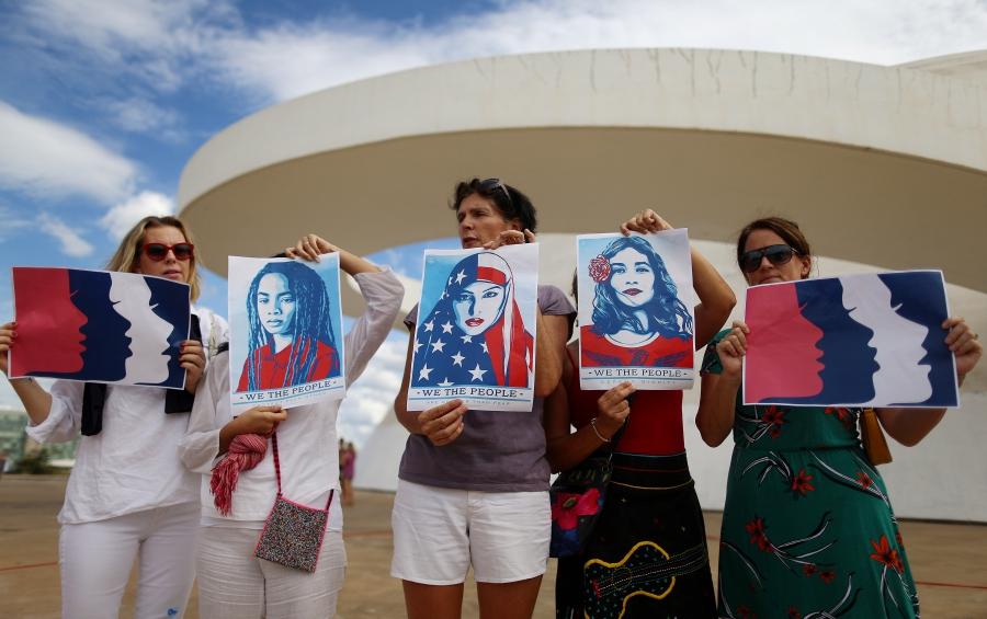 Women in Brasilia, Brazil, join the Women's March in solidarity with the March on Washington, January 21, 2017.