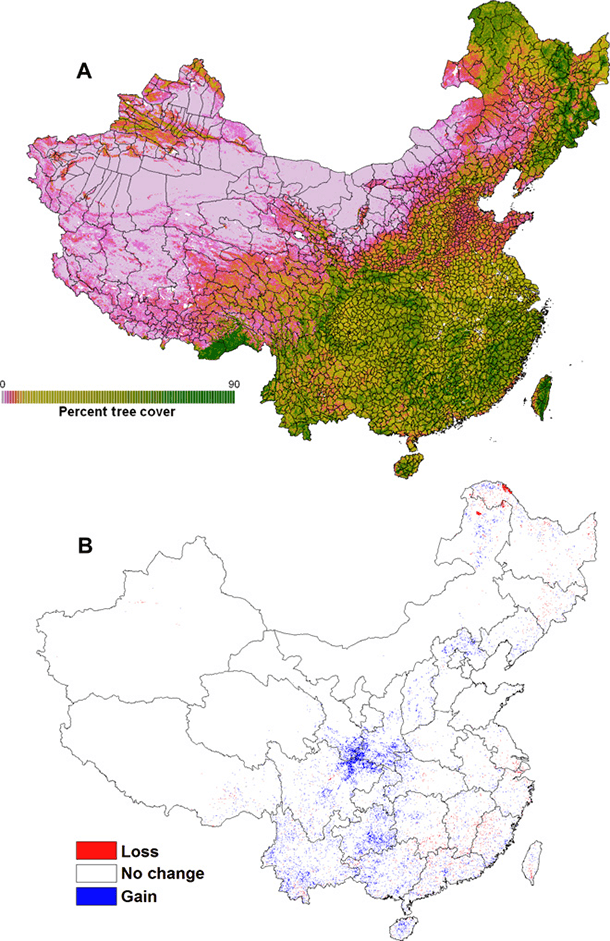 Satellites tracked forest cover and regrowth from 2000-2010 in the study, “Effects of conservation policy on China’s forest recovery,” published in Science Advances. (Photo: Viña et al. Sci. Adv. 2016)