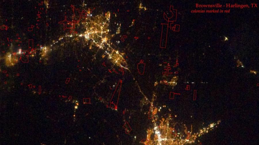 If you look closely at this satellite photo at Brownsville-Harlingen, Texas, you'll see the colonias outlined in red, and they're dark -- no lights at night.