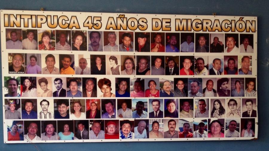 A poster in Intipucá’s cultural center celebrates the 45th anniversary since the first migrant left town for the US