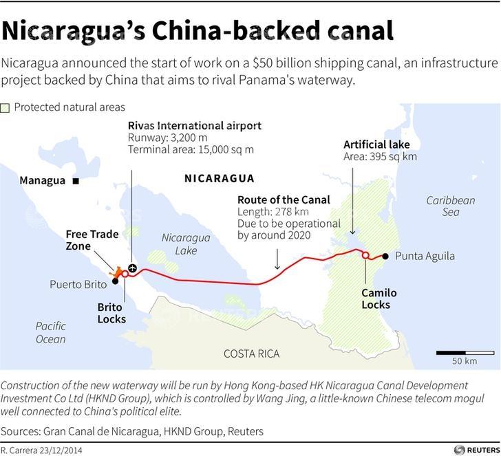 Nicaragua's Great Inter-Oceanic Canal, planned to compete with the Panama Canal, would cut across Nicaragua from Puerto Brito on the Pacific coast to Punta Aguila on the Atlantic coast. The route would run through Lake Nicaragua, south of Ometepe Island.