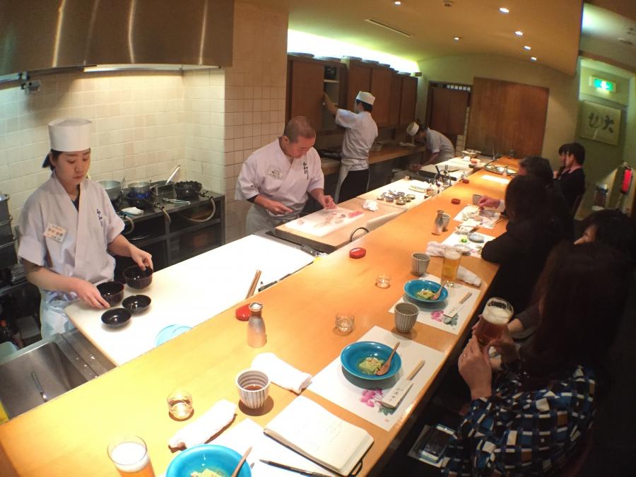 Diners sit up close and personal with the chefs at Iwakawa in Osaka.