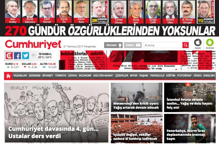 Each day since the arrests of its staffers began nine months ago, Cumhuriyet has featured the photos of all its detained journalists and executives and the number of days they've been held at the top of its front page.  