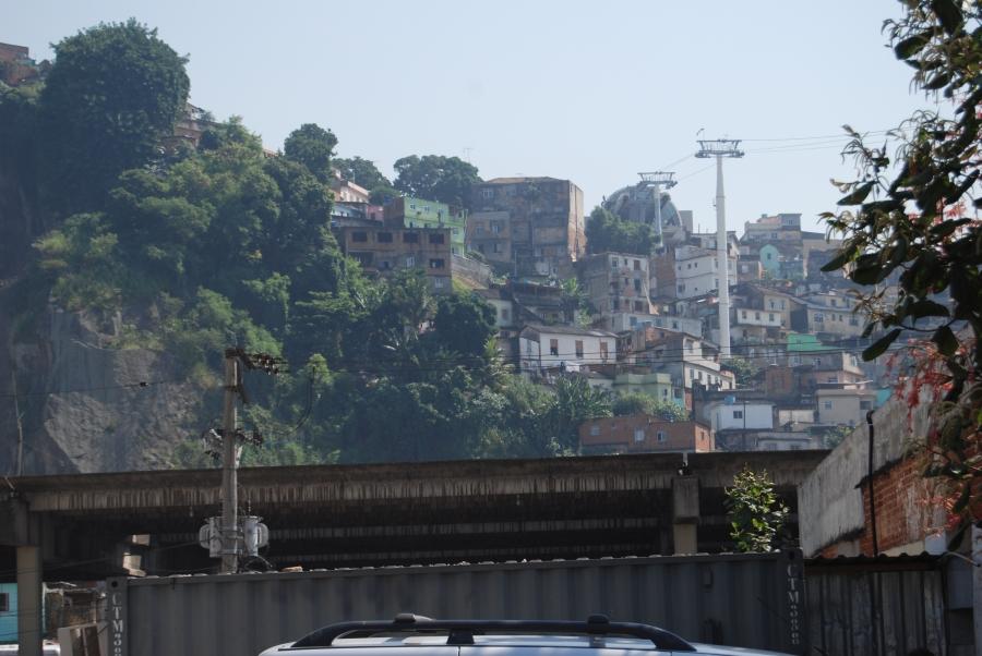 A view from below of one of Rio's famous and colorful favelas. 