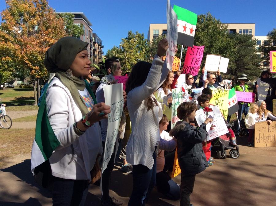 Suzan Boulad at a rally for Syrian refugees in Minneapolis on Sat. Oct. 3