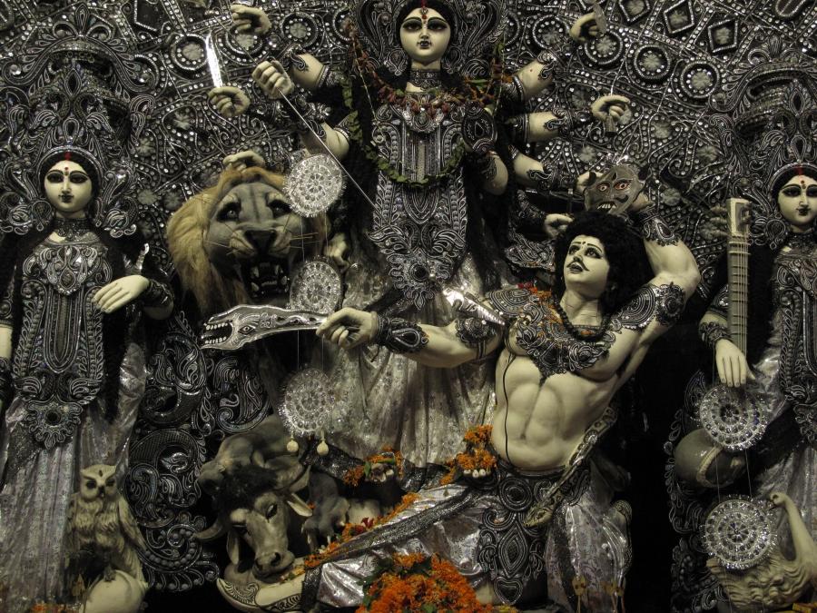 Goddess Durga depicted in Gothic shades at a pandal in Kalyani, a Kolkata suburb.