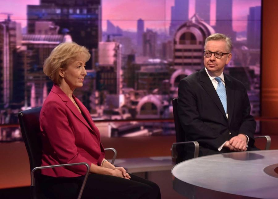 Andrea Leadsom and Britain's Justice Secretary Michael Gove, both candidates to succeed David Cameron as British prime minister, are seen appearing on the BBC's Andrew Marr Show.