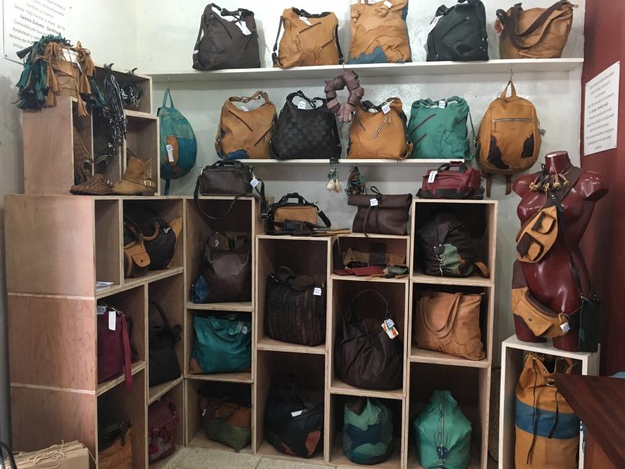 Hand-made bags on display at Zulu