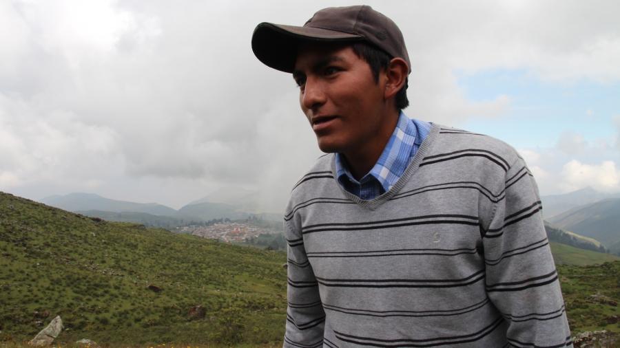 Victor Rosa grew up in Huamantanga, but like many young people, left to seek work in the capital city. He returned recently to help his community rebuild the canals de mamanteo and collect data for Condesan to see how much water from the canals is being t