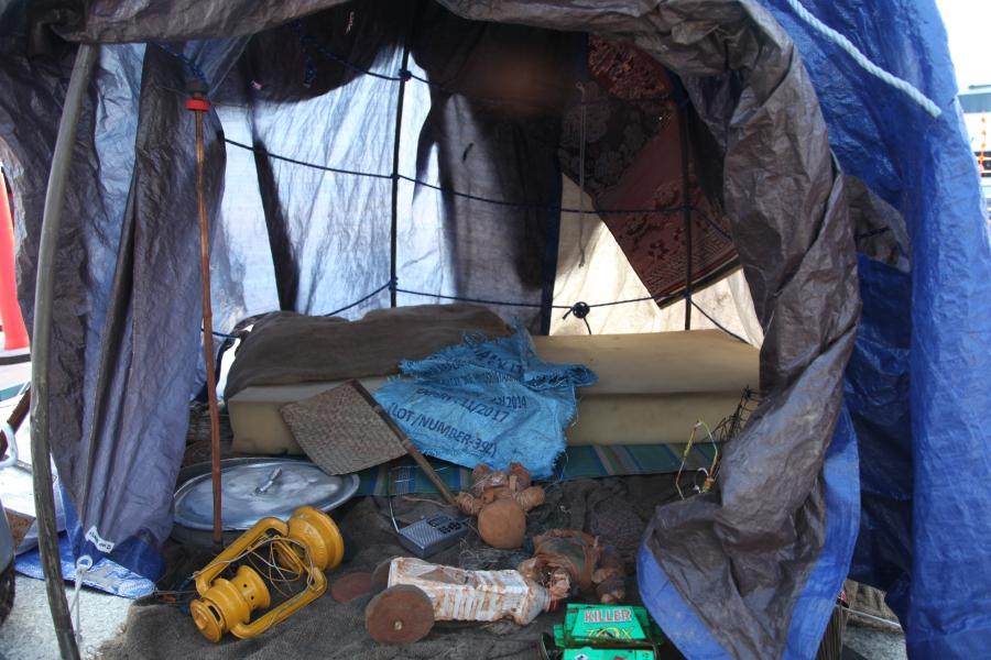 A tent in the simulated refugee camp.