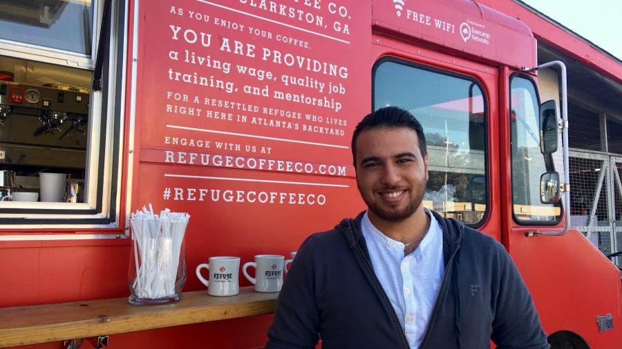Malek Alarmash works at Refuge Coffee in Clarkston, GA. The company is run by a Christian couple and hires newly arrived refugees.  