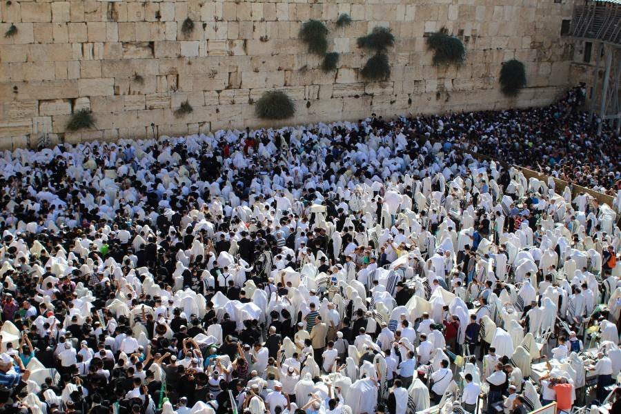 Worshippers gather at the Western Wall during the Jewish festival of Sukkot.