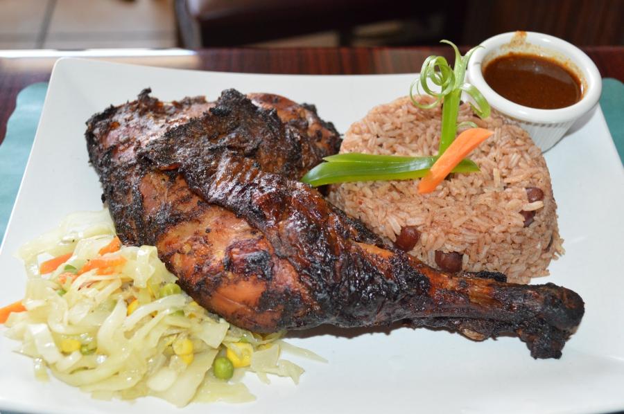 Plate of jerk chicken with rice
