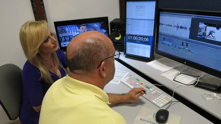 Television anchor Karen Caballero works with an editor at Television Martí. 